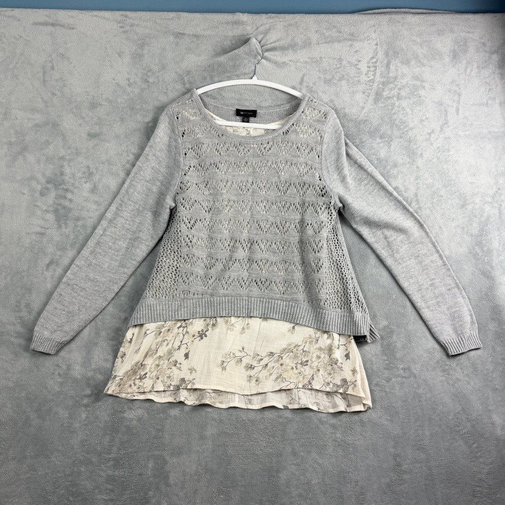 AB Studio Womens Large Gray Layered Pointelle Knit Floral Hem Boho Sweater Top